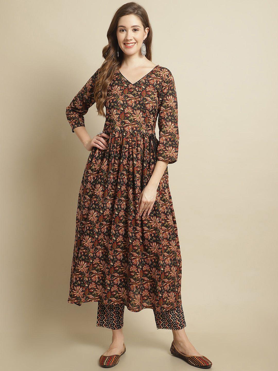 pistaa floral printed angrakha pure cotton kurta with trousers