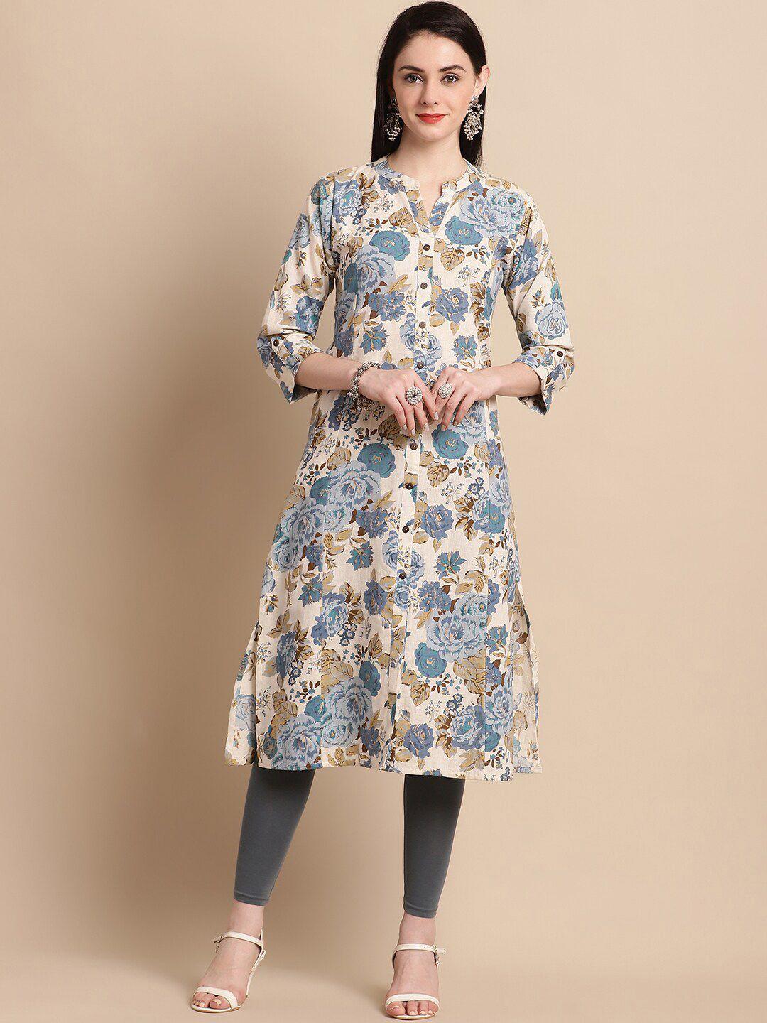 pistaa floral printed mandarin collar roll-up sleeves panelled straight kurta