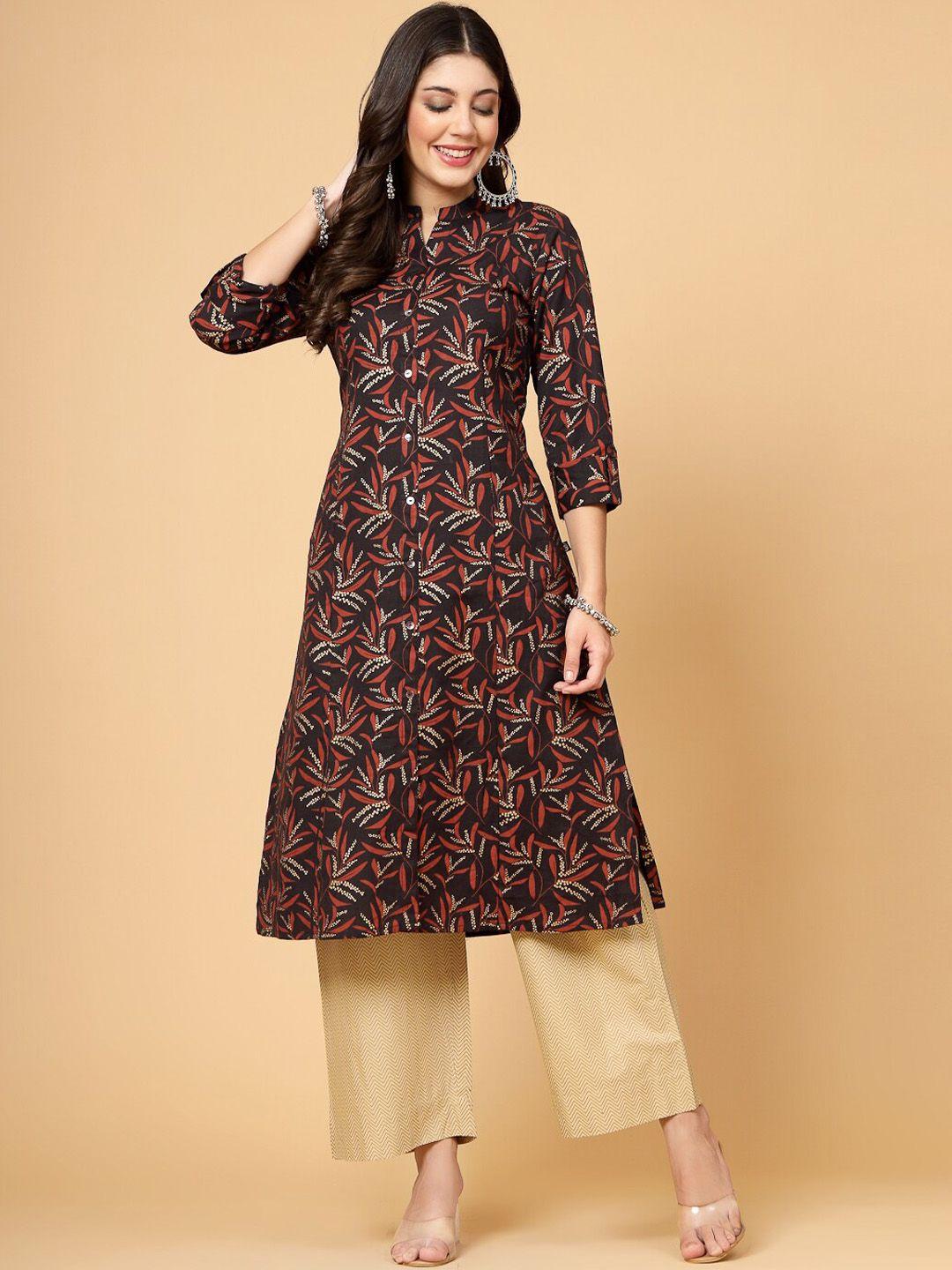 pistaa floral printed mandarin collar roll-up sleeves pure cotton kurta