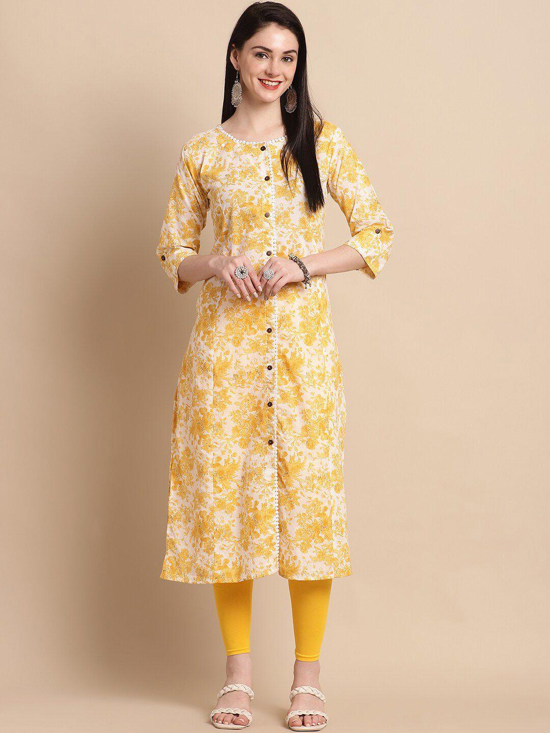 pistaa floral printed panelled roll-up sleeves straight kurta