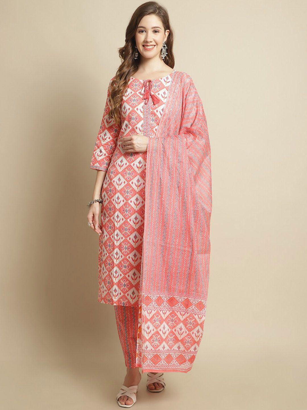 pistaa floral printed tie-up neck pure cotton kurta with trousers & with dupatta