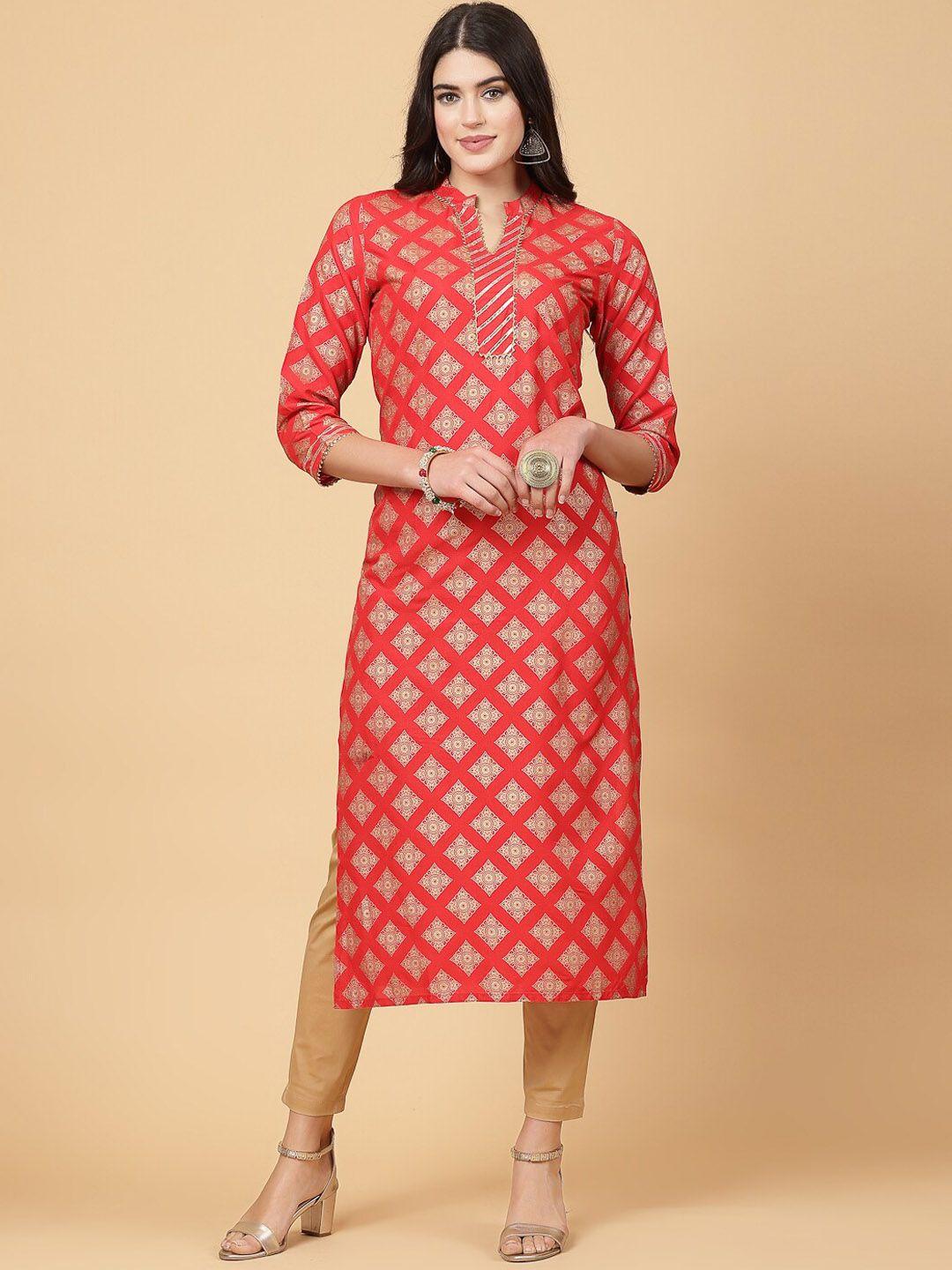 pistaa foil print mandarin collar gotta patti straight kurta