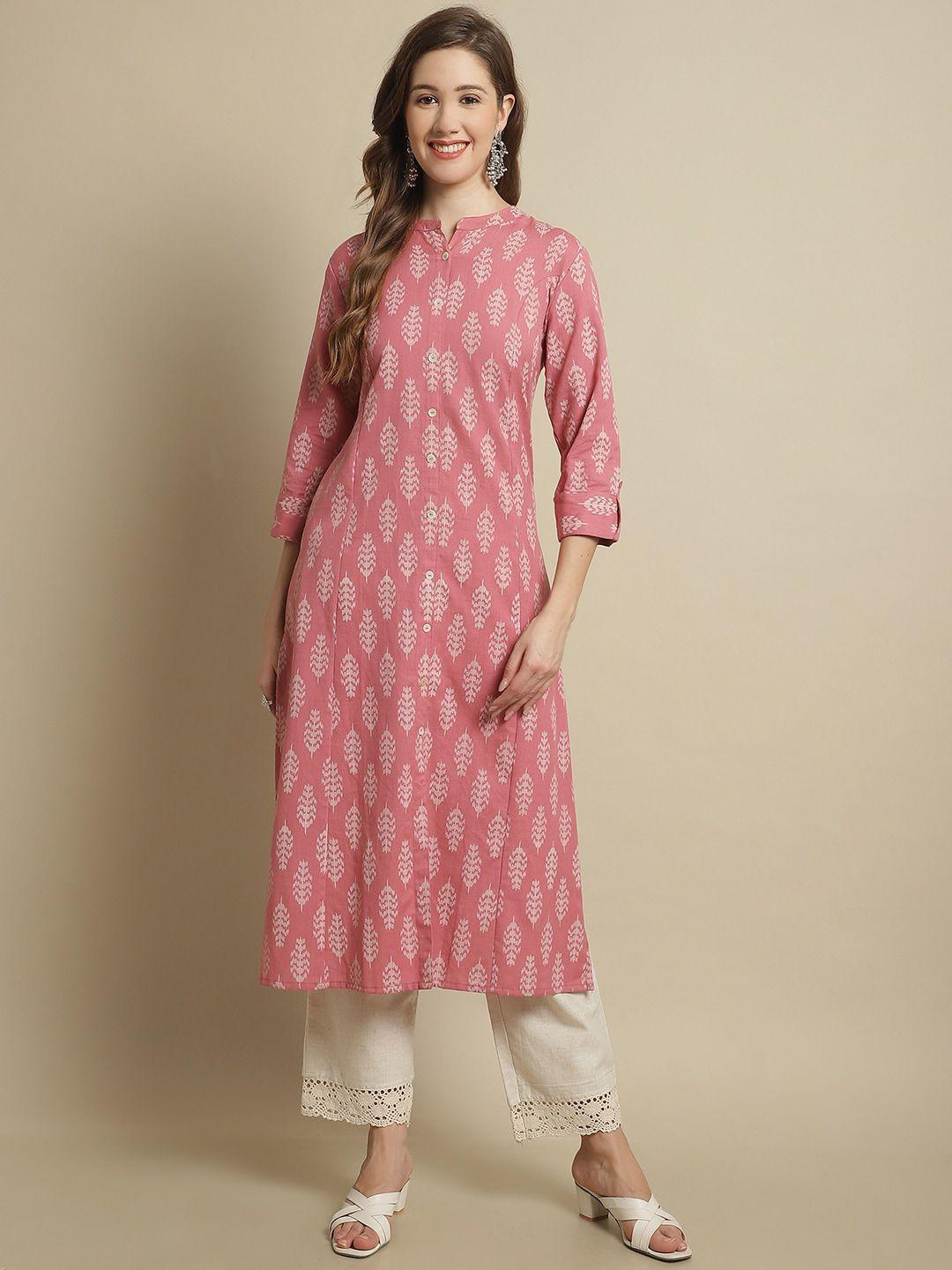 pistaa mandarin collar ethnic motifs printed a-line pure cotton kurta