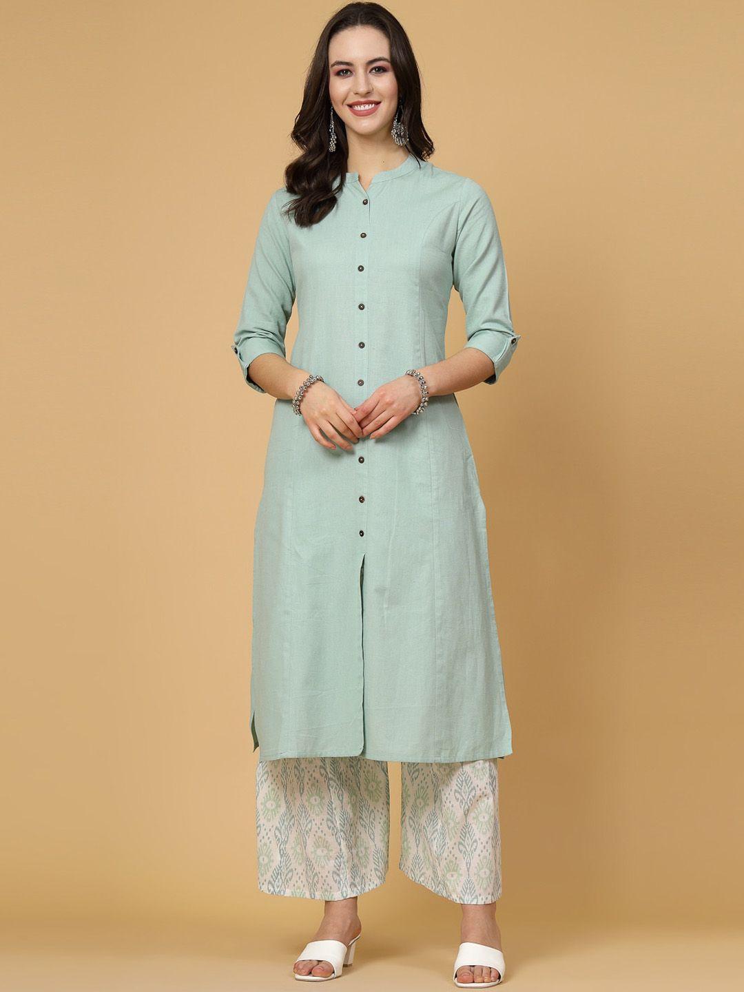 pistaa mandarin collar panelled straight kurta with palazzos