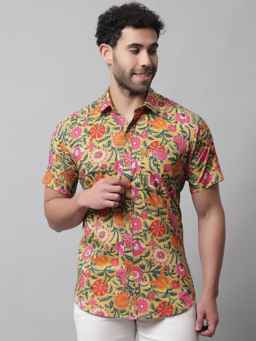 pistaa men yellow relaxed slim fit floral printed casual shirt