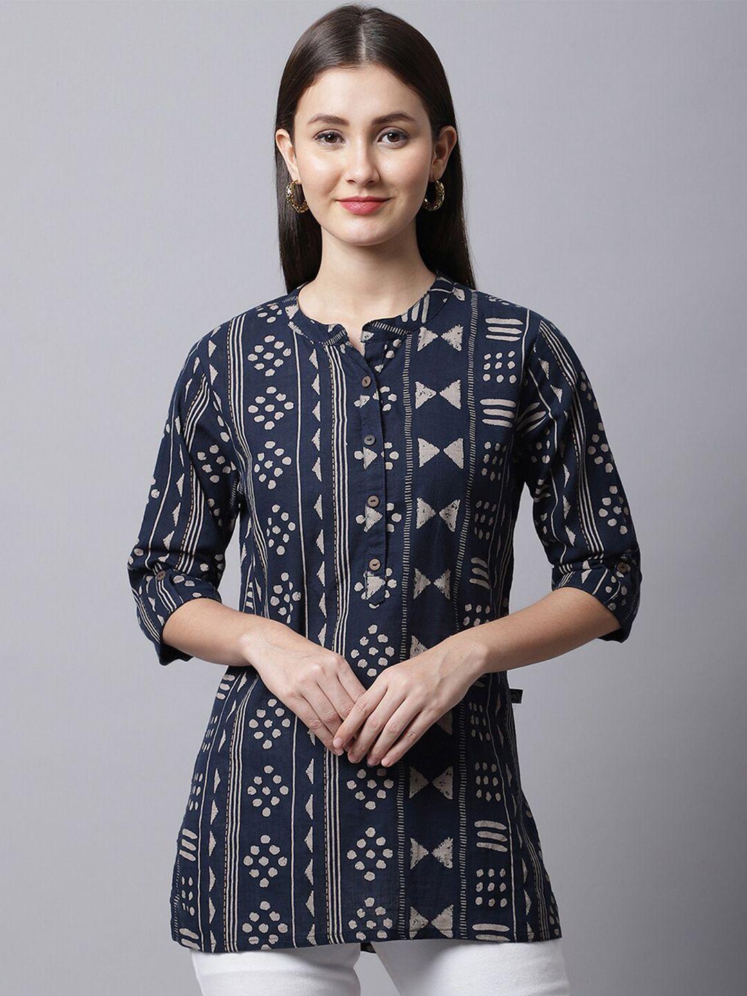 pistaa navy blue plus size ethnic motifs printed kurti