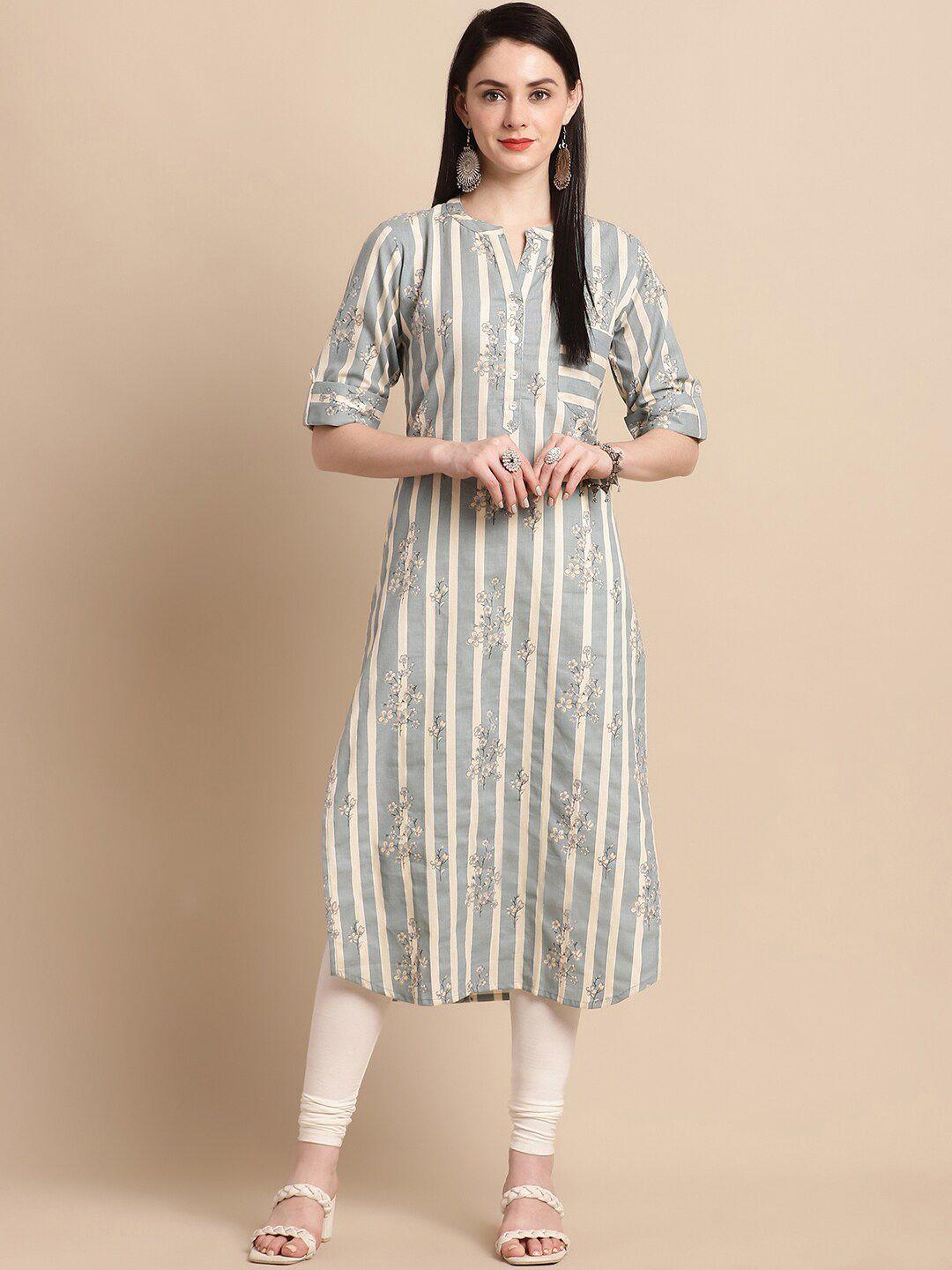 pistaa striped mandarin collar roll-up sleeves straight kurta