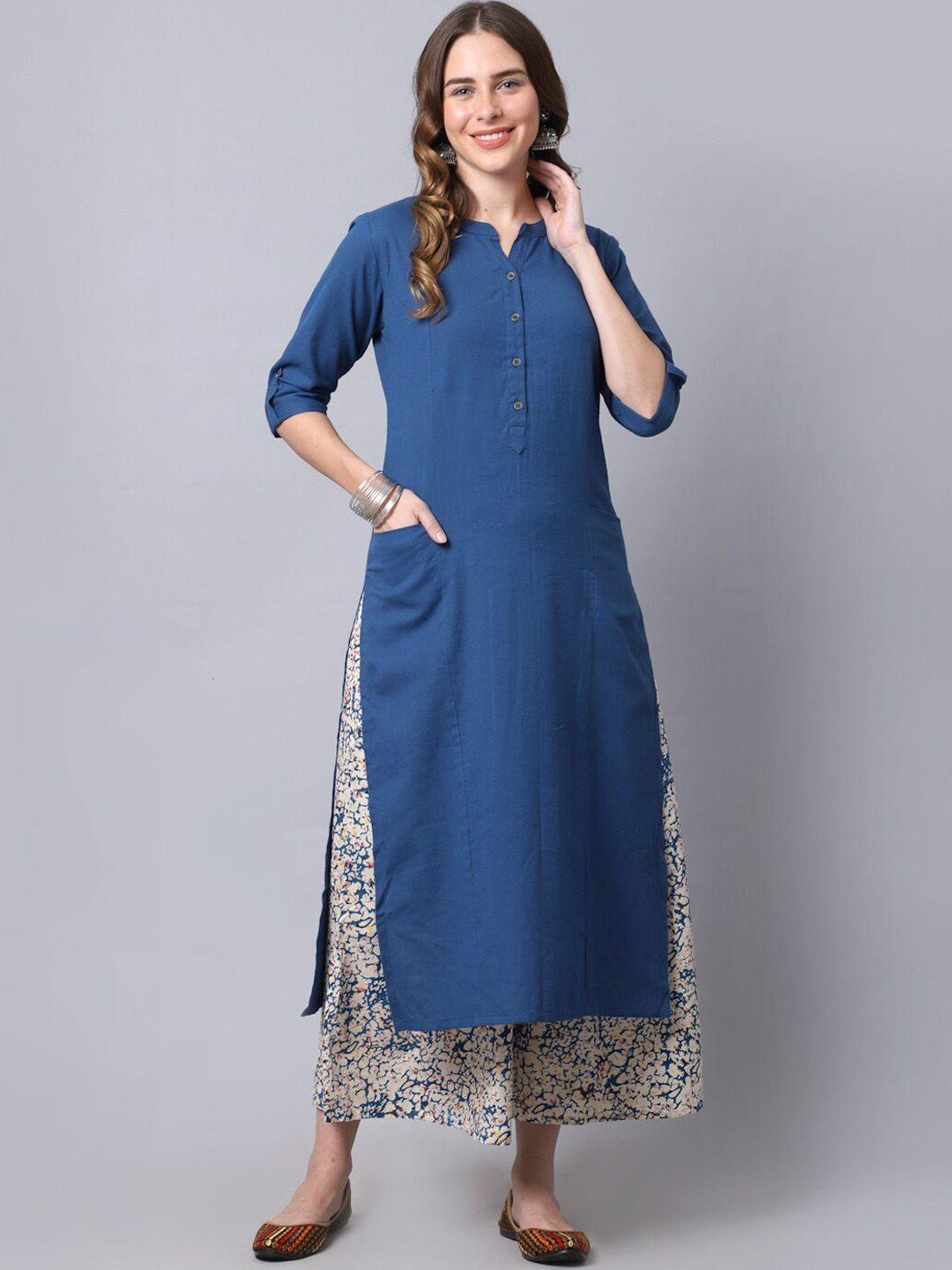 pistaa women blue floral printed kurta with palazzos