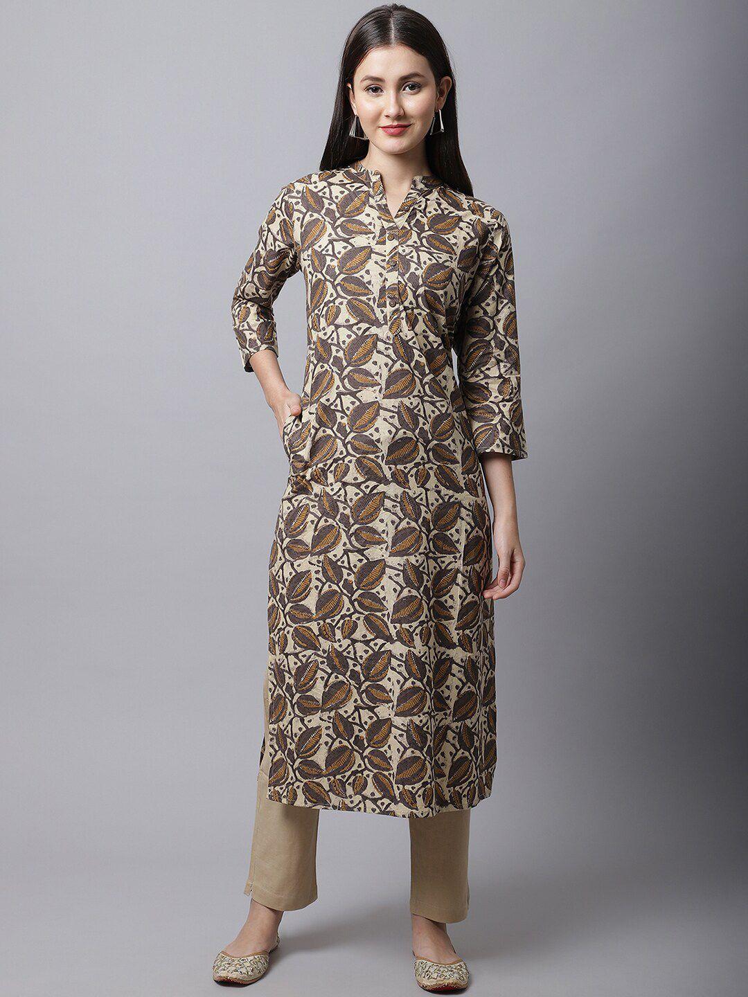 pistaa women brown printed straight cotton kurta