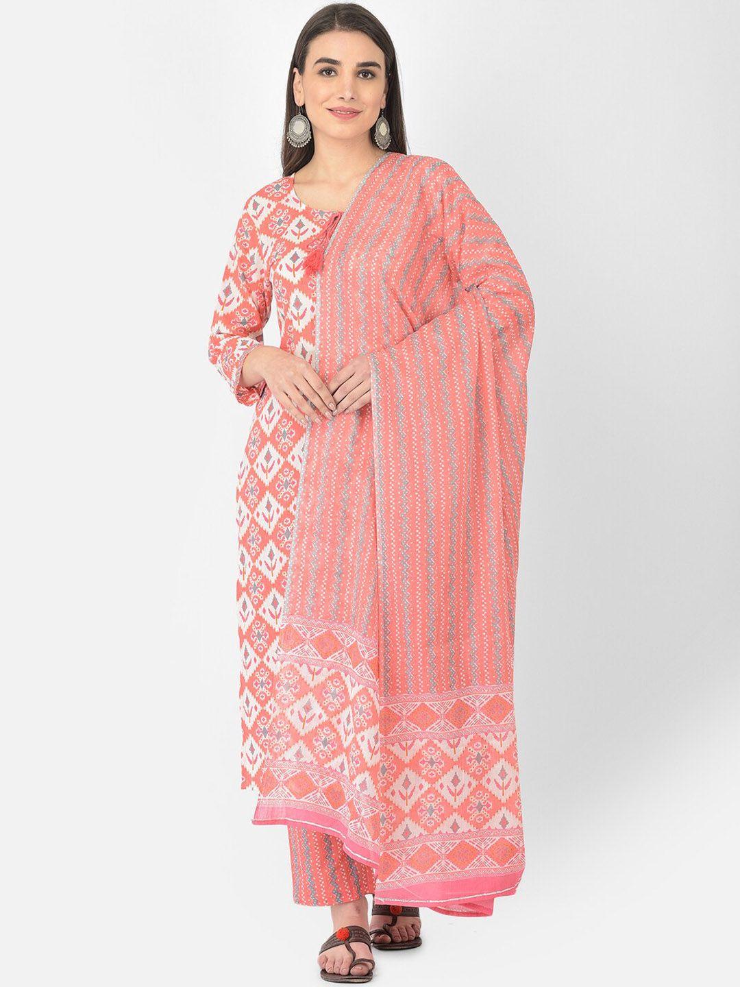 pistaa women ethnic motifs screen printed pure cotton kurta with trouser and dupatta