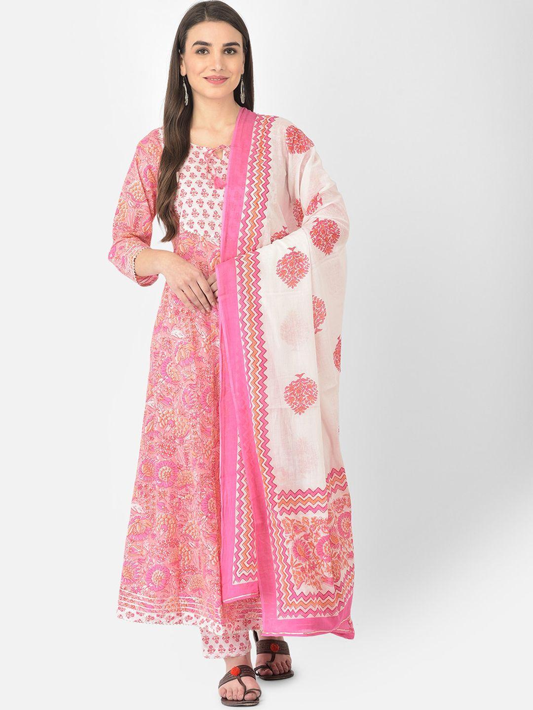 pistaa women floral printed pure cotton anarkali kurta with trousers & with dupatta