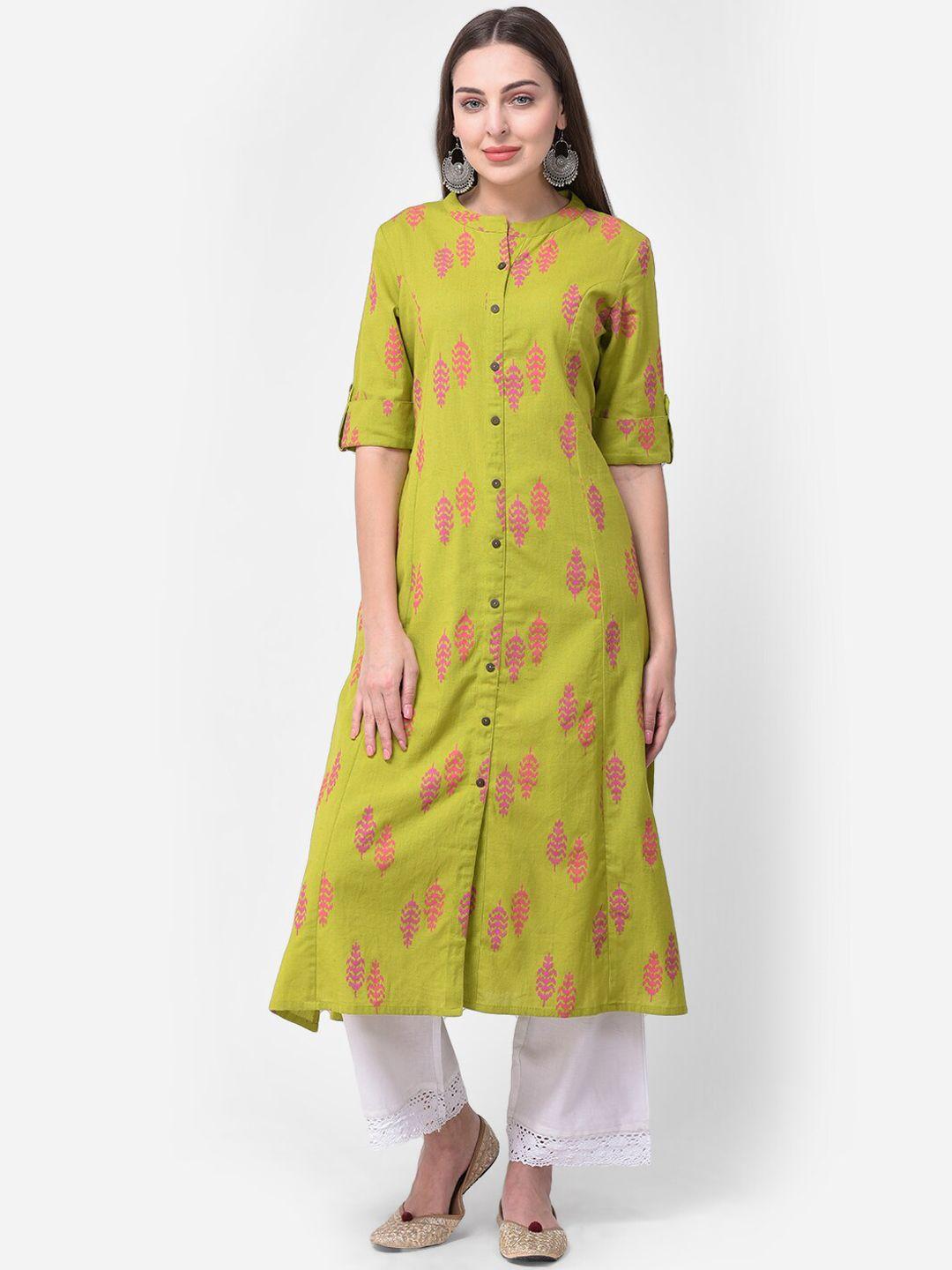 pistaa women green & pink floral printed floral cotton a-line kurta