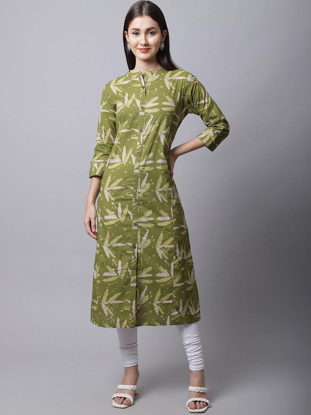 pistaa women green printed straight cotton kurta