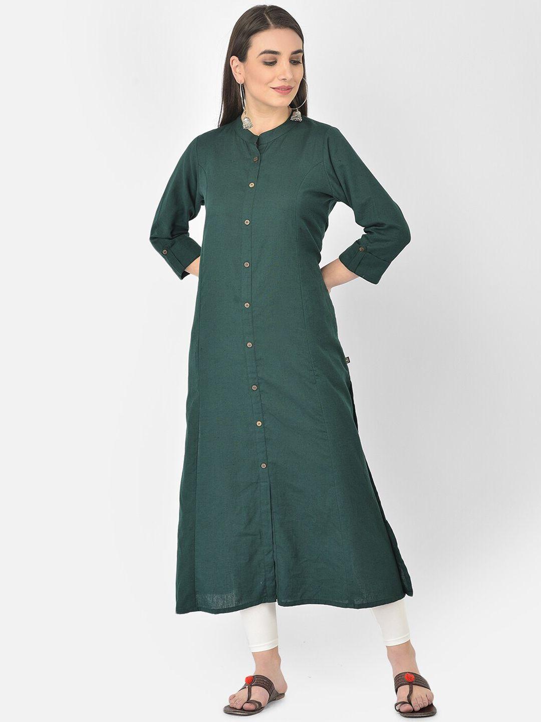 pistaa women green solid a-line cotton kurta