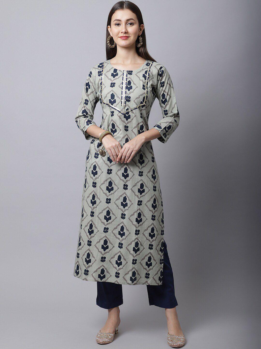 pistaa women grey printed cotton kurta