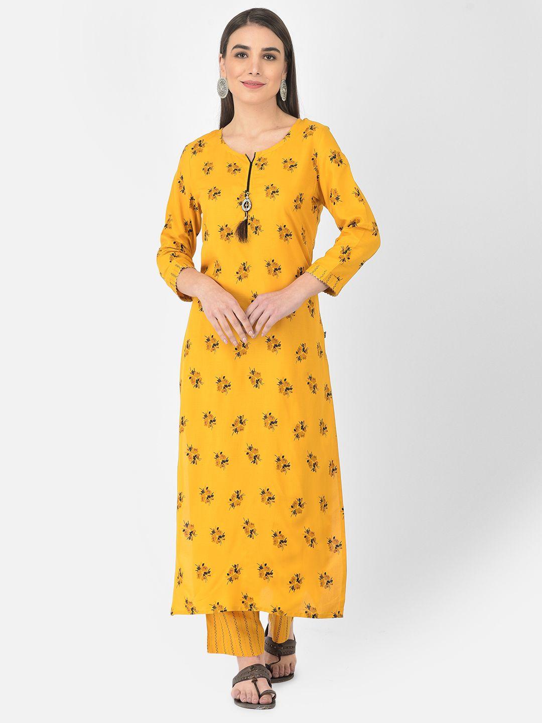 pistaa women mustard yellow floral printed pleated kurta with palazzos