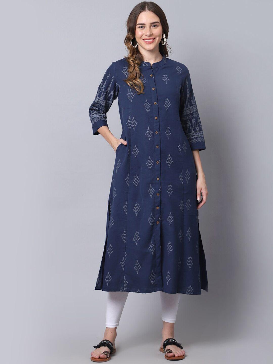 pistaa women navy blue floral printed thread work  kurta