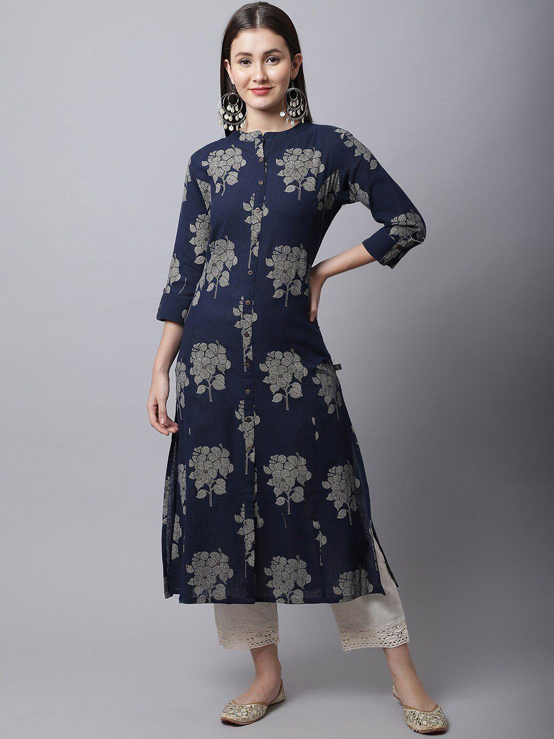 pistaa women navy blue printed a-line cotton kurta