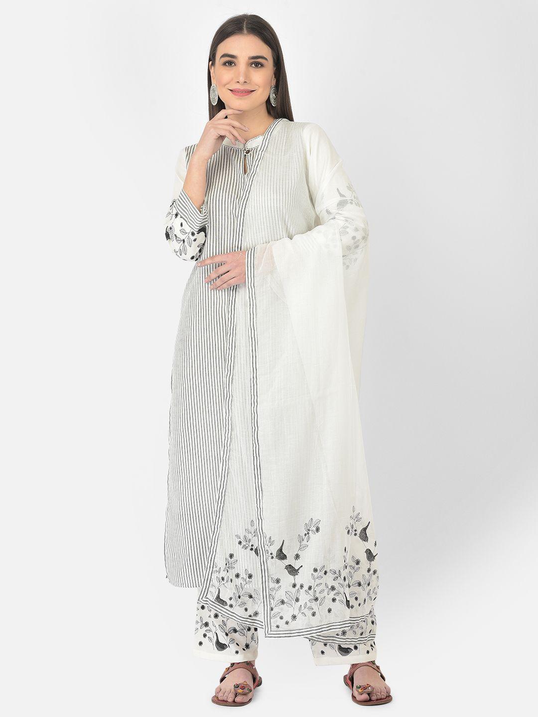 pistaa women off white striped kurta with trousers & with dupatta