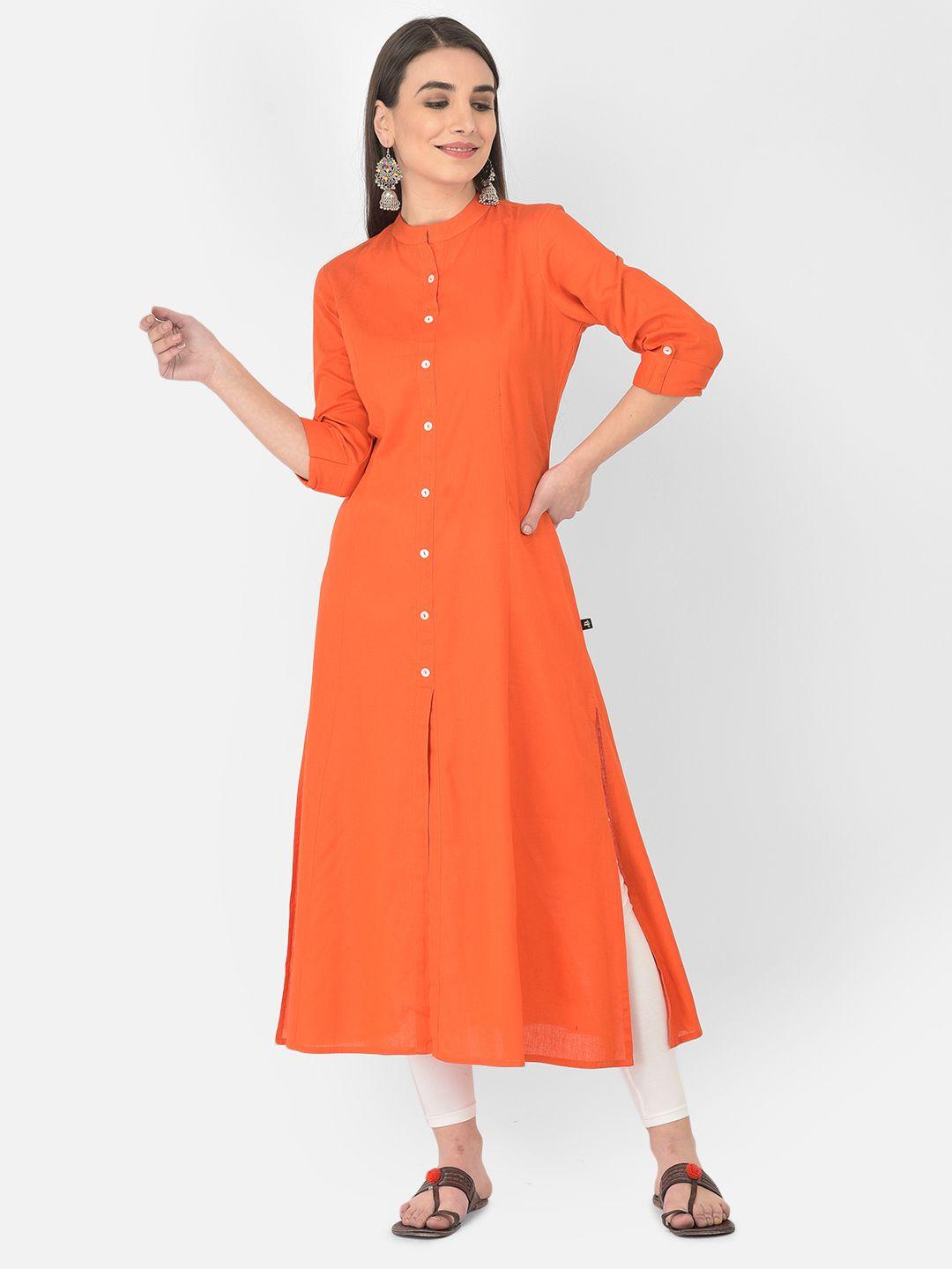 pistaa women orange a-line pure cotton kurta