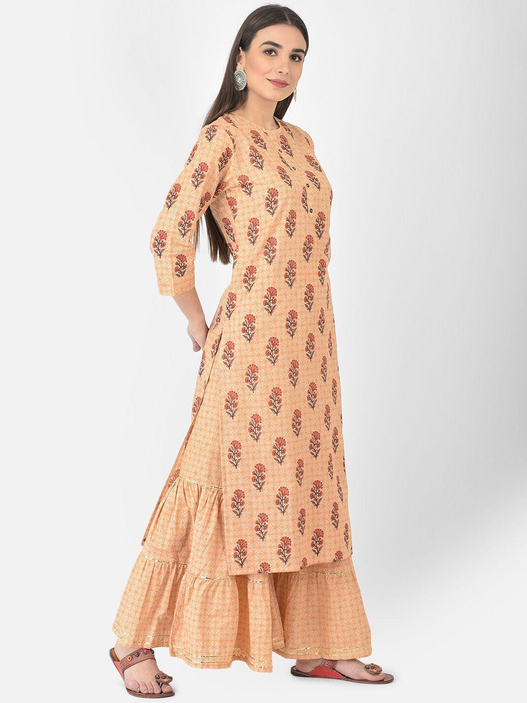 pistaa women orange ethnic motifs printed pure cotton kurta with sharara