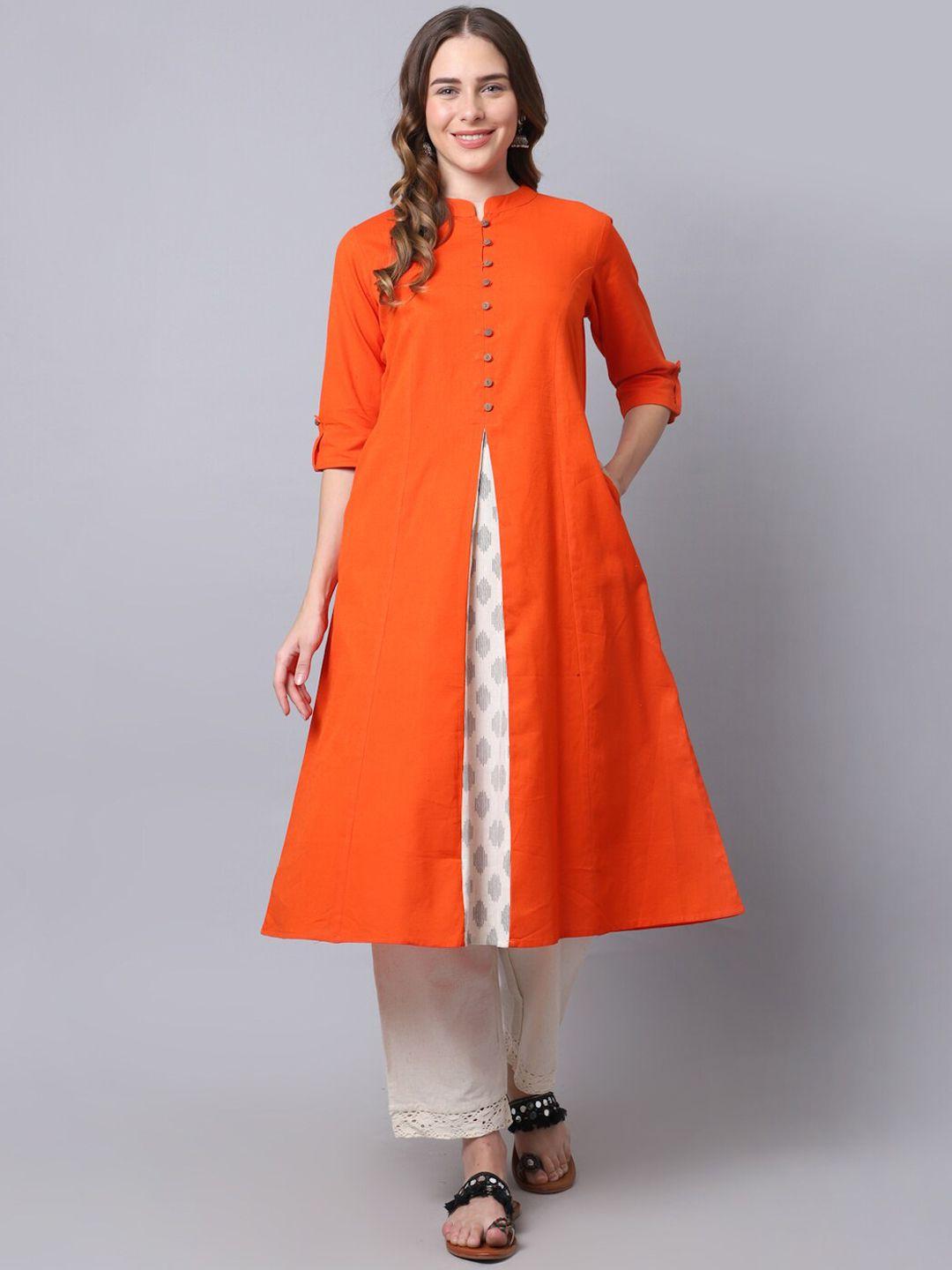 pistaa women orange solid front slit kurta