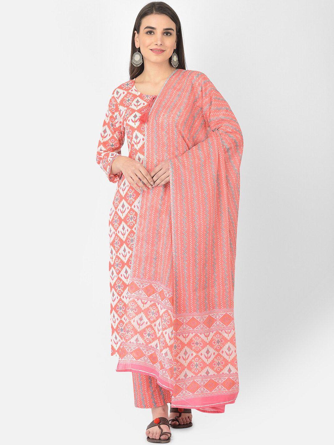 pistaa women peach-coloured ethnic motifs printed pure cotton kurta with trousers & with dupatta