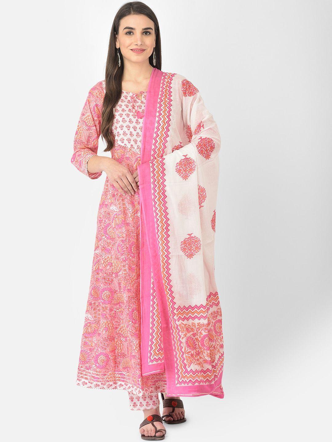 pistaa women pink floral printed pure cotton kurta with trouser & dupatta