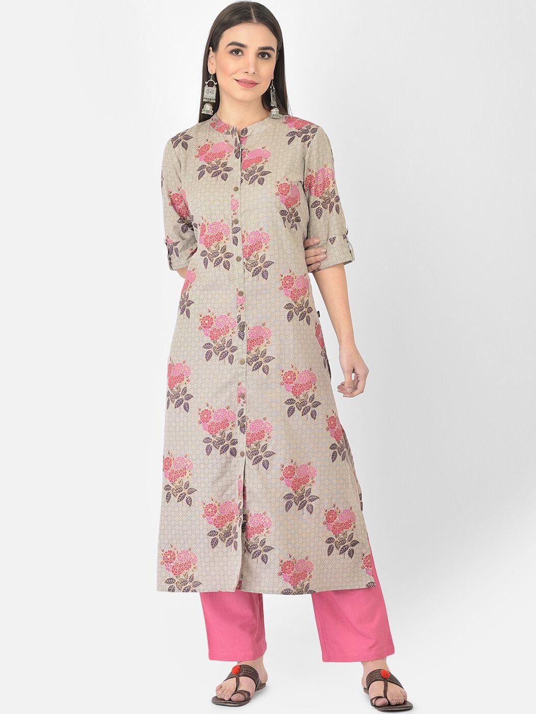 pistaa women plus size grey & pink floral printed kurta with palazzos