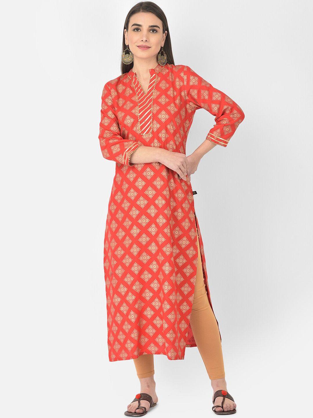 pistaa women red geometric printed straight kurta