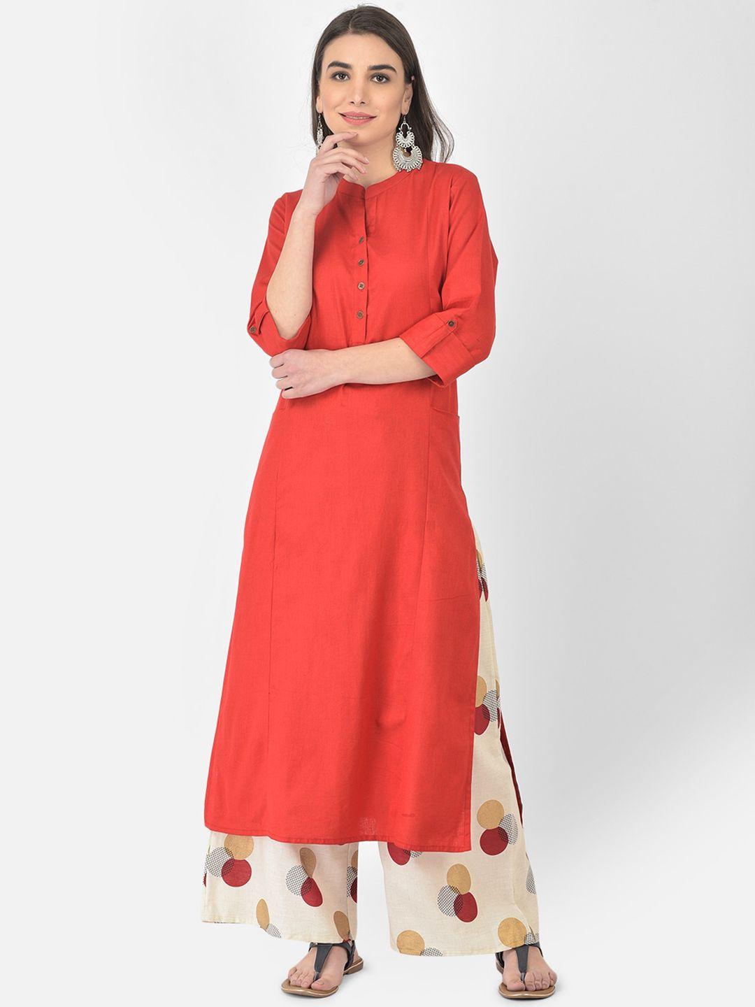 pistaa women red kurta with printed palazzos