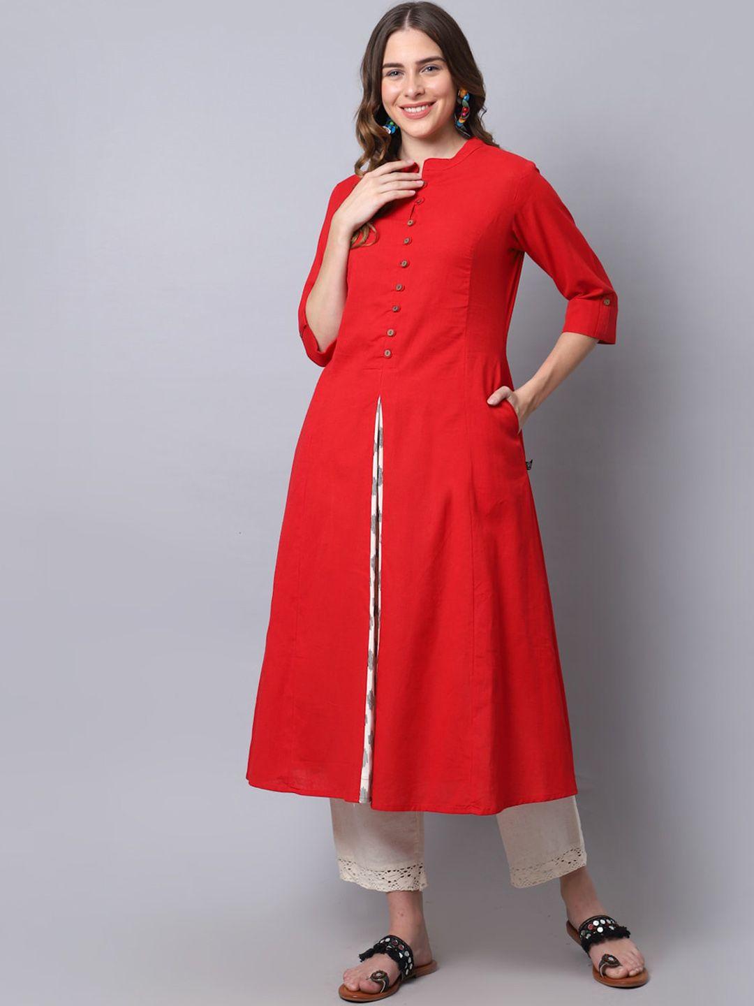 pistaa women red solid cotton a-line  kurta