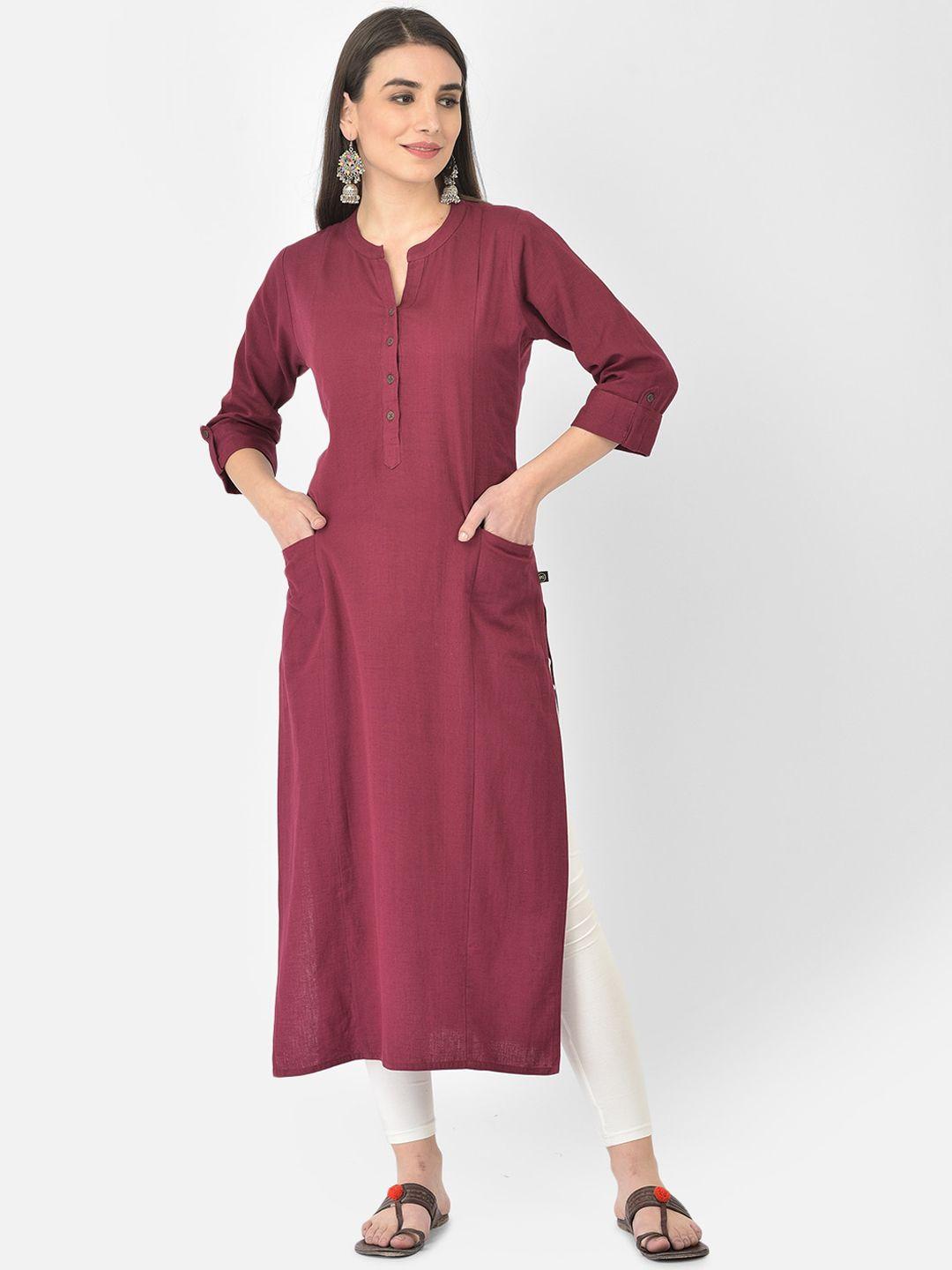 pistaa women wine solid cotton straight kurta