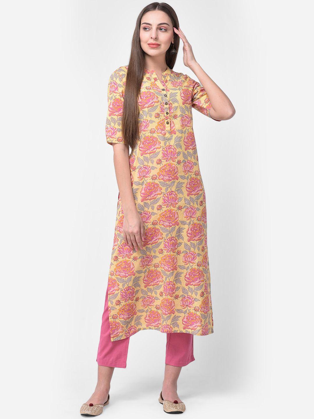 pistaa women yellow & pink floral printed floral kurta