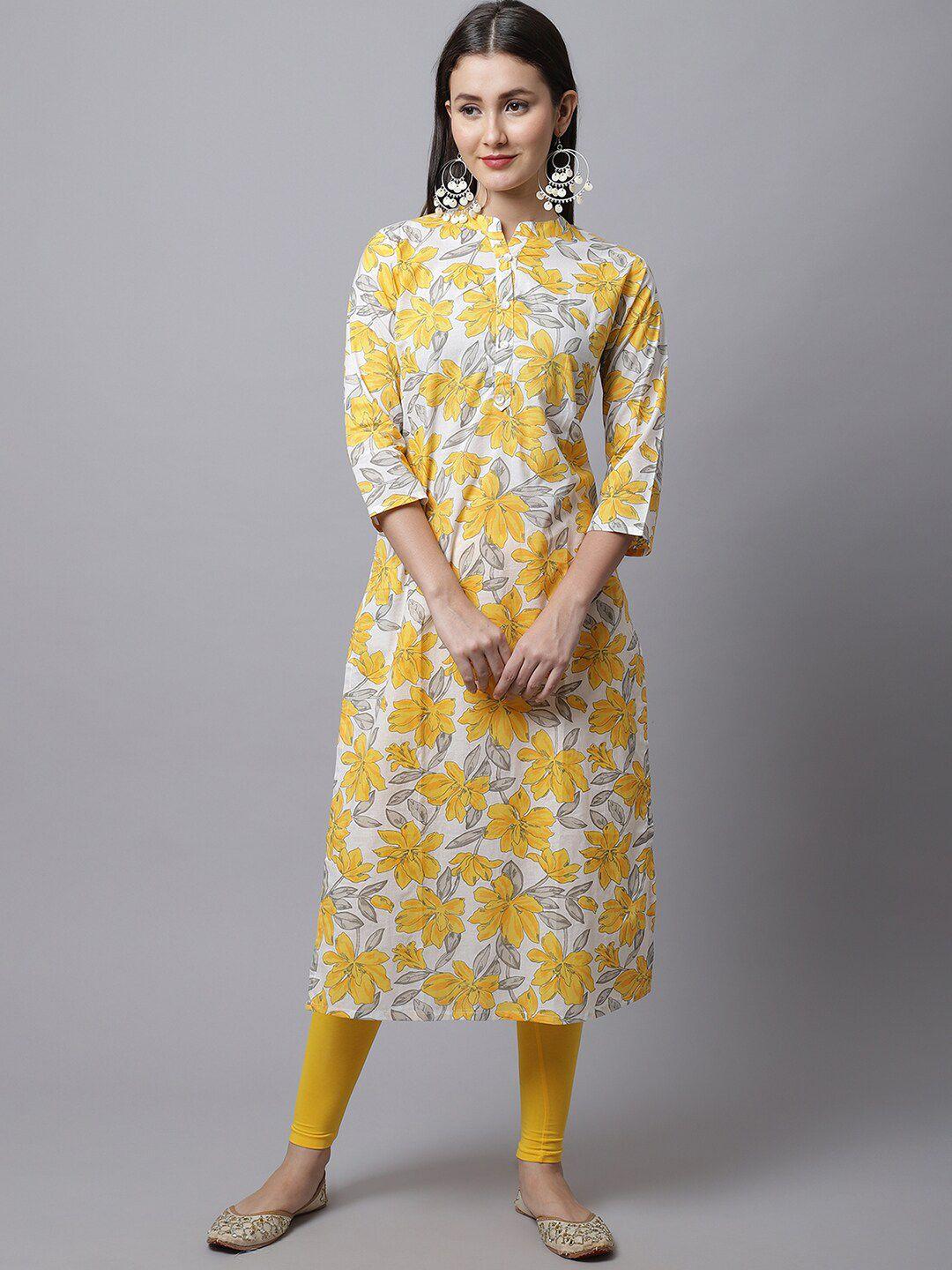 pistaa women yellow printed straight cotton kurta