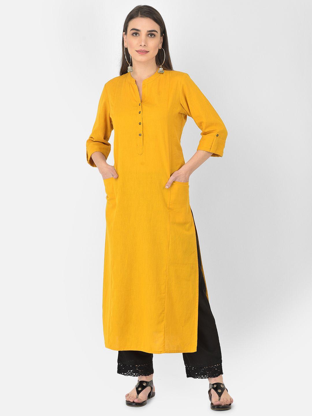 pistaa women yellow pure cotton straight kurta