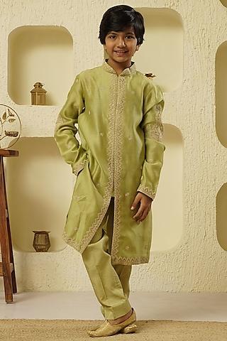 pistachio chanderi silk embroidered kurta set for boys