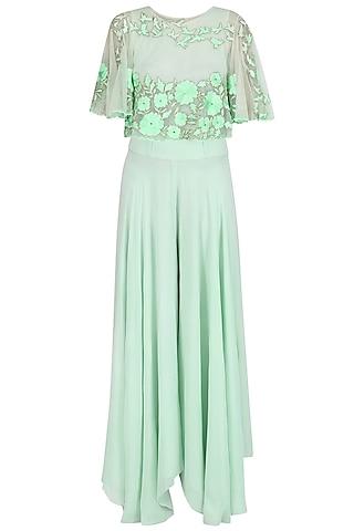 pistachio floral thread embroidered cape  and palazzo pants set