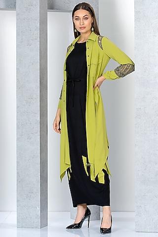 pistachio green & black poly crepe hand embroidered jacket dress