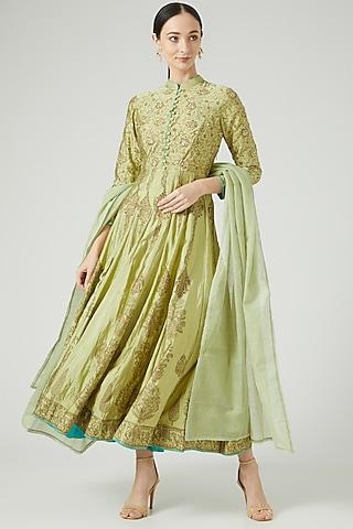 pistachio green block printed anarkali set