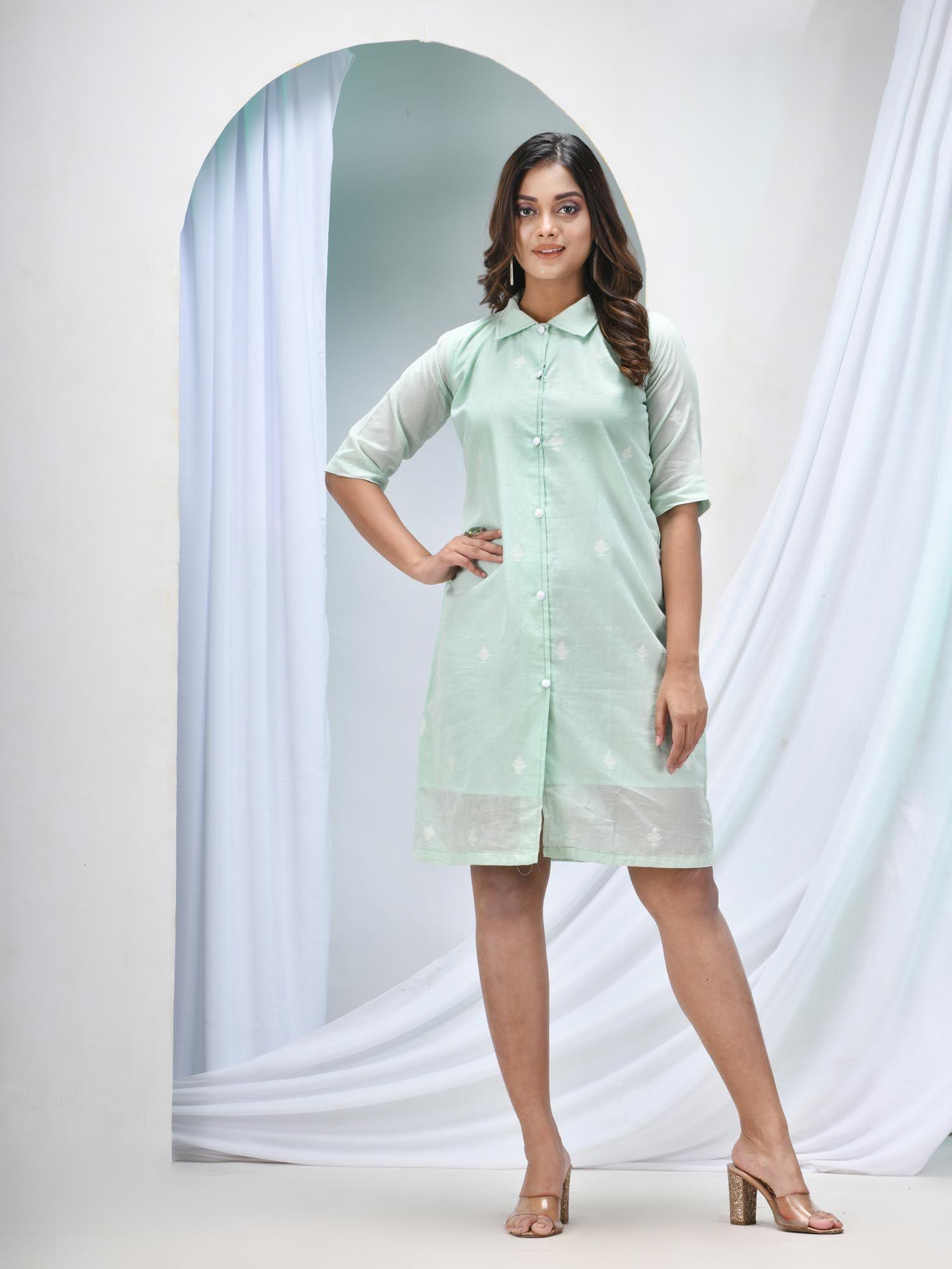 pistachio green cotton bengal handwoven one piece dress