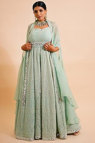 pistachio green embroidered anarkali with cape & belt