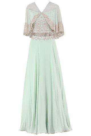 pistachio green embroidered crop top with attached cape and skirt set