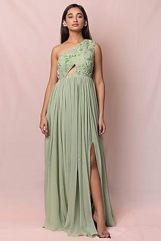 pistachio green hand embroidered gown