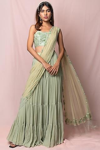 pistachio green hand embroidered lehenga saree set