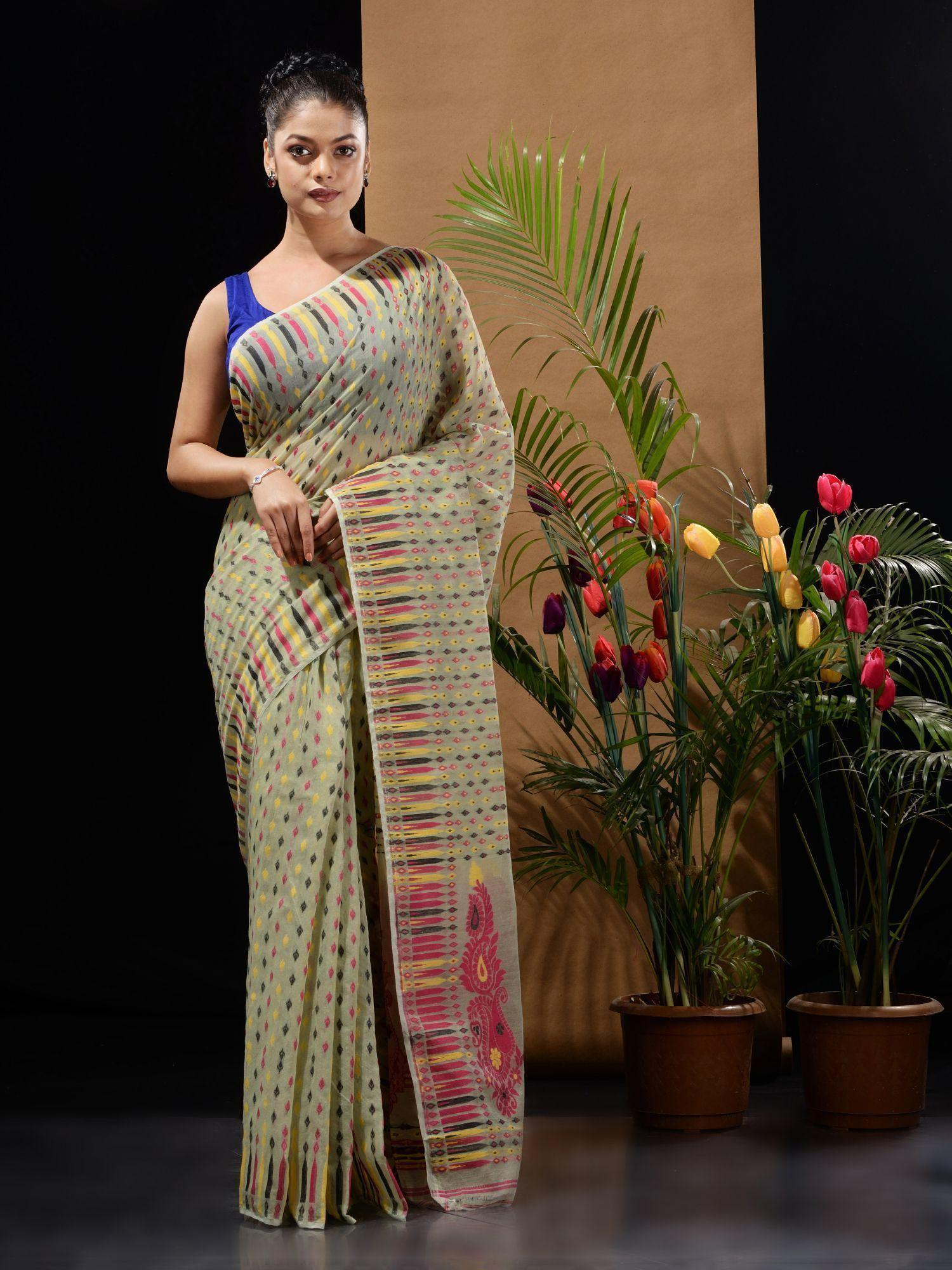 pistachio green handwoven saree with woven buttas & ethnic designs