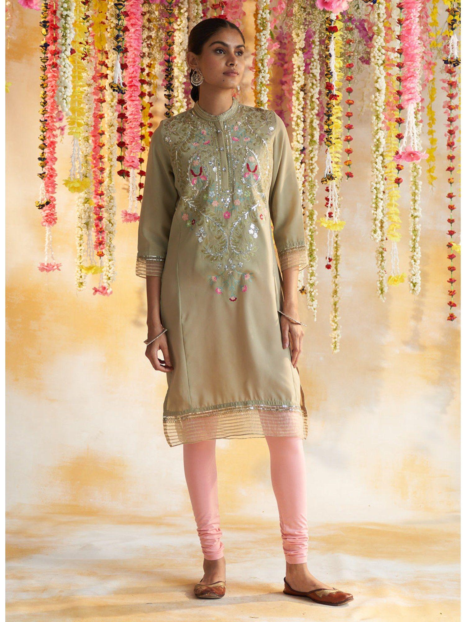 pistachio green kurta with embroidery