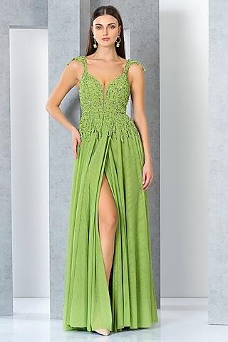 pistachio green net & tulle sequins embroidered flared gown