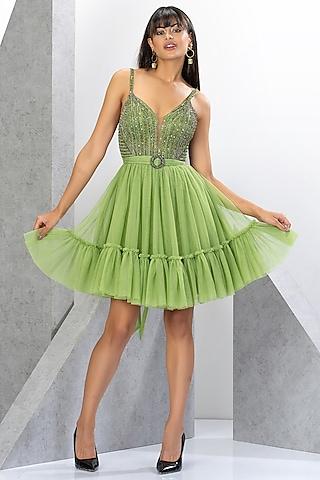 pistachio green polyester net crystal & sequins embroidered handmade mini dress