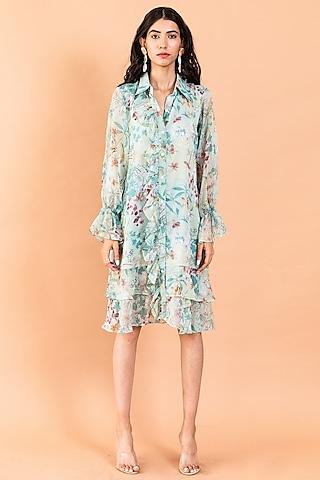 pistachio green recycled chiffon printed shirt dress